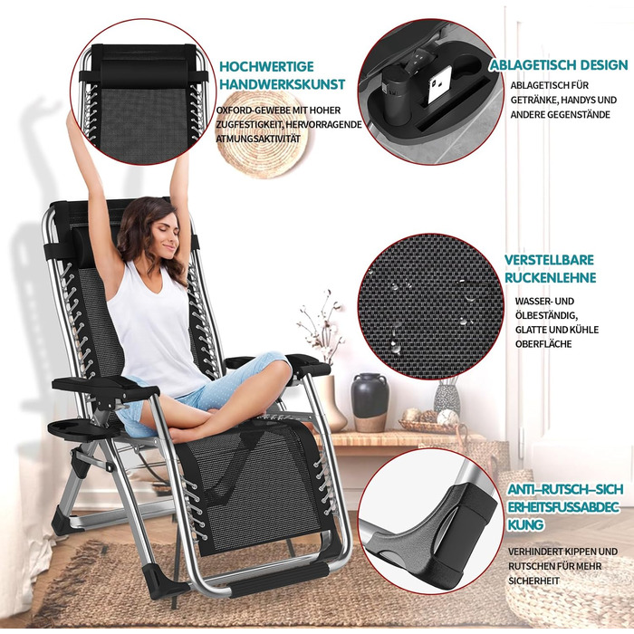 Розкладний шезлонг для відпочинку: зручний та міцний садовий стілець з регульованою спинкою (200 кг, срібний)