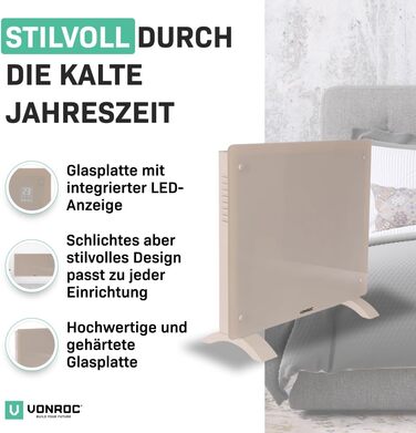 Електричний конвекторний обігрівач VONROC - 1000W, для кімнат до 24м², настінний/підлоговий монтаж, ручне/APP керування, білий