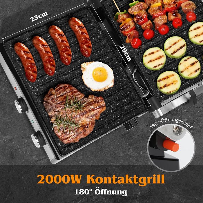 Контактний гриль Aigostar з керамічним покриттям, таймер на 30 хв. Паніні гриль та сендвічмейкер для сендвічів, стейків, тостів. 2000 Вт, регульований термостат, відкривання 180°, функція грилю