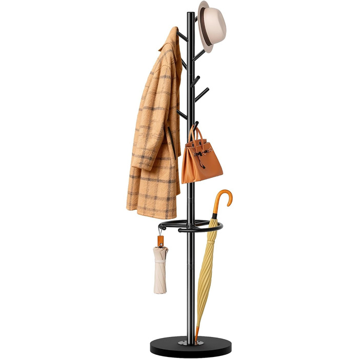 Настінна вішалка для одягу SLEEPING LAMB з 8 гачками, дерев'яний постамент, для прихожей, вітальні, спальні, офісу, чорного кольору
