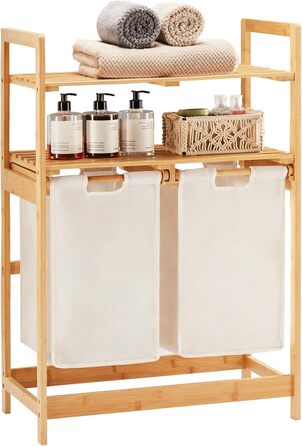 Кошик для білизни YOUDENOVA з бамбукового каркасу, 2 відділення, 2 висувні мішки для білизни, 93x64x33 см, слонова кістка, 70 л