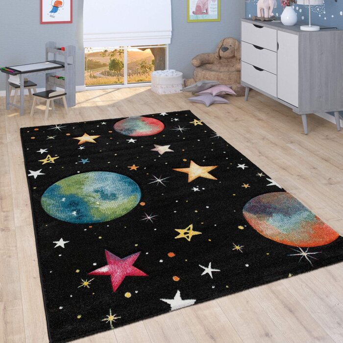 Дитячий килимок Paco Home, ігровий килимок для дитячої кімнати з космічним малюнком, чорного кольору, розмір (120 х 170 см)