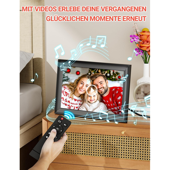 Цифровий фоторамка OBVHNUA 10.1 дюйма з IPS екраном (1280x800) та пультом, USB/SD (128GB), автоповорот, відтворення фото/музики/відео