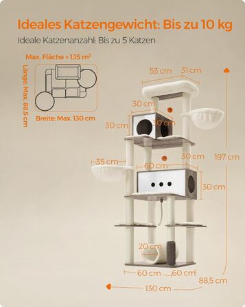 Кігтеточка Feandrea XXL, 197 см, сучасна, багатоповерхова, 2 печери, 2 жолоби, 4 колоди для когтеточок, сірий