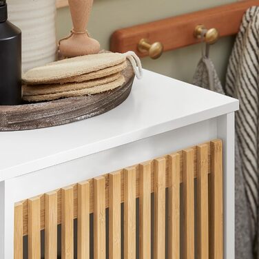 Тумбочка у ванну кімнату SoBuy, вузька, 33x165x33 см, з бамбуковими дверцятами, білий колір, для зберігання речей