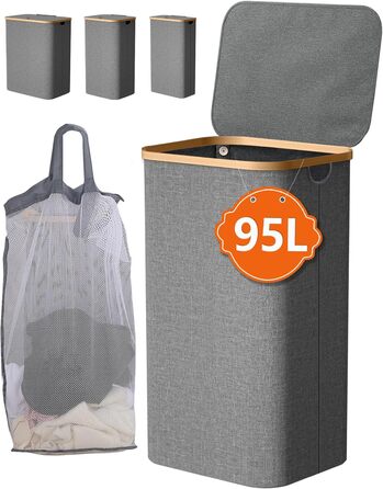 Кошик для білизни з кришкою, вузький, бамбукові ручки, внутрішня кишеня, складний, переносний, 95л, темно-сірий