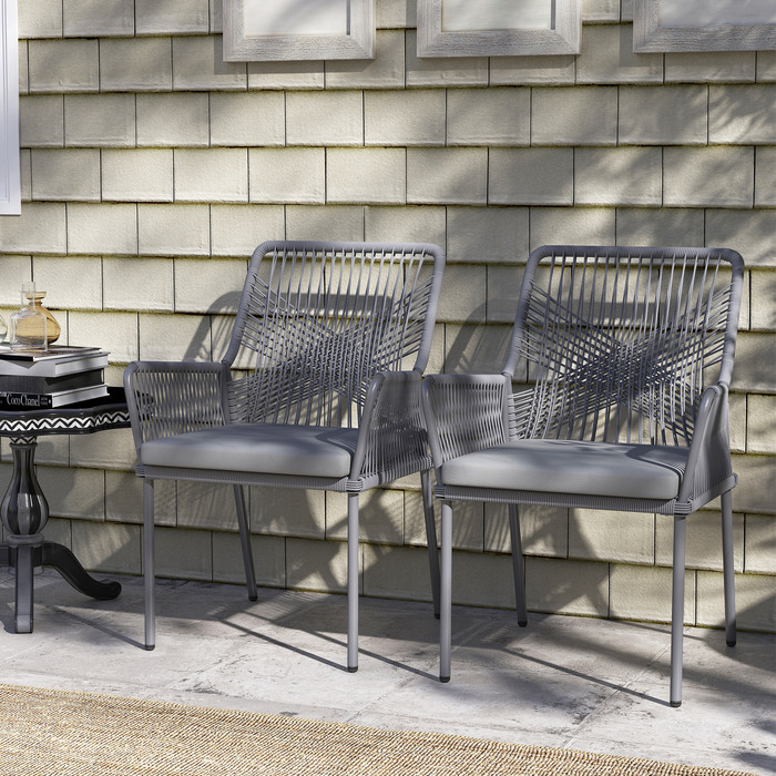 Набір з 2 садових стільців, стільці для тераси, знімні подушки, спинка, підлокітники, сталевий каркас, ротанг-оплетення, темно-сірий