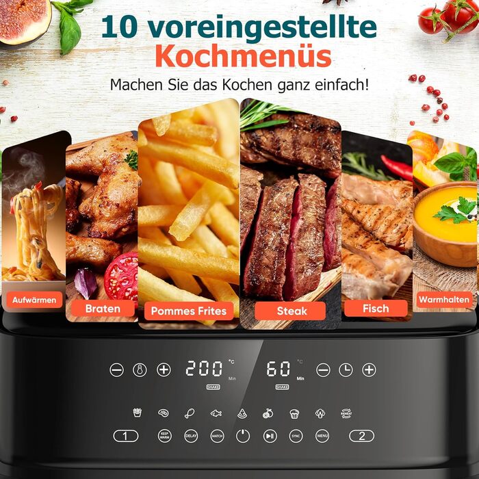 Фритюрниця повітряна 10л, 2 камери, 10-в-1, з цифровим керуванням, таймер, 40 рецептів, для 6-10 осіб