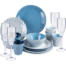 Набір посуду для кемпінгу на 4 особи, блакитно-білий, з меламіну, 16 предметів + акрилові келихи (20 предметів)