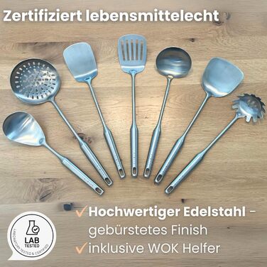 Набір кухонних помічників 7 шт. з нержавіючої сталі - високоякісні кухонні аксесуари для вока та кухні (ложка для подачі, шумовка, лопатка, лопатка для риби, половник, ложка для спагеті, лопатка для вока)