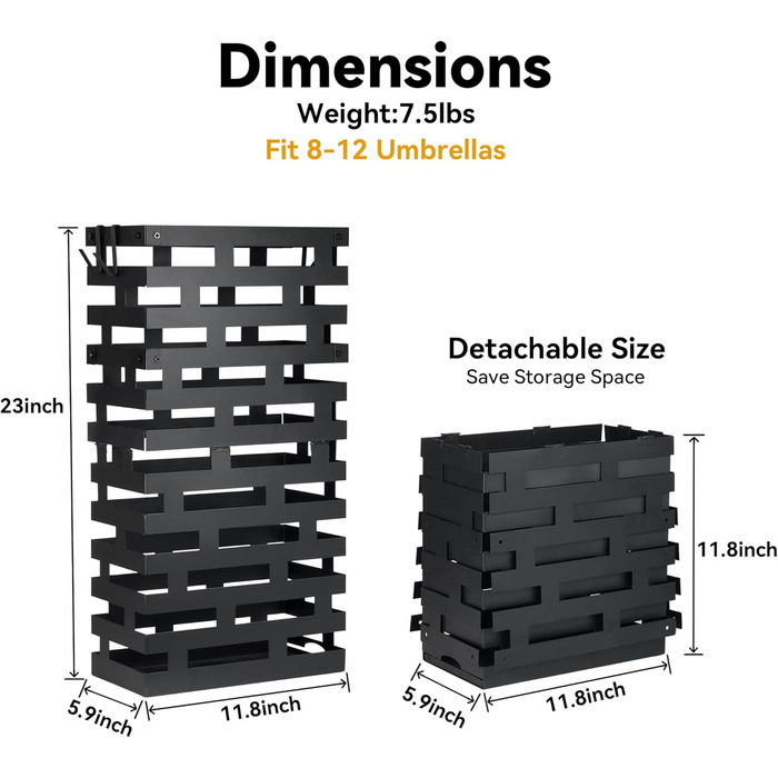 Підставка для парасольки, біла, велика металева з піддоном та гачками, 58,4 см, для дому, офісу, готелю