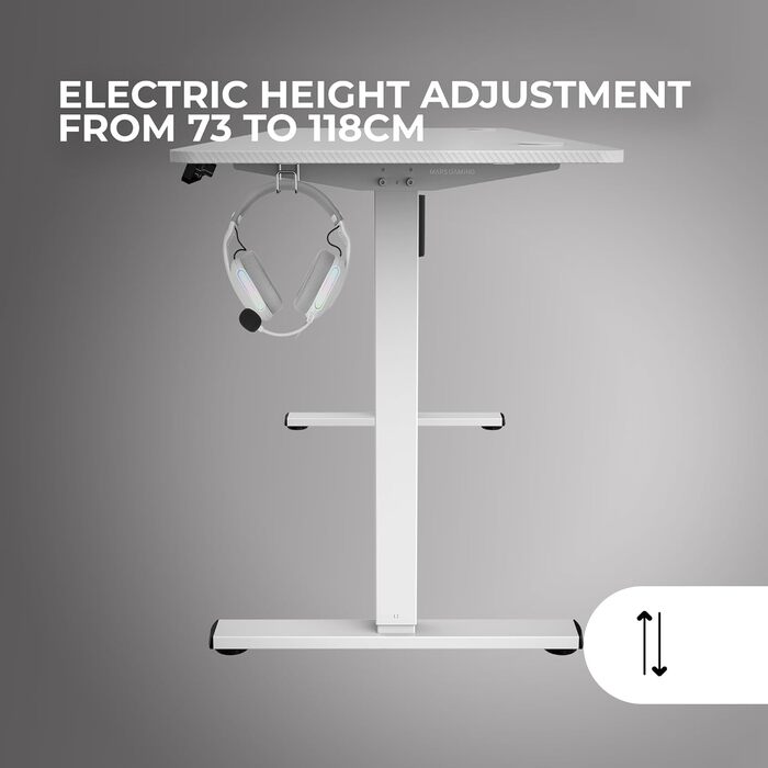 Mars Gaming MGD-ERGOPRO: Регульований за висотою електричний стіл, 110x60 см, білий. Ергономічна поверхня з карбону, металева конструкція, тримач для навушників, кабельний менеджмент