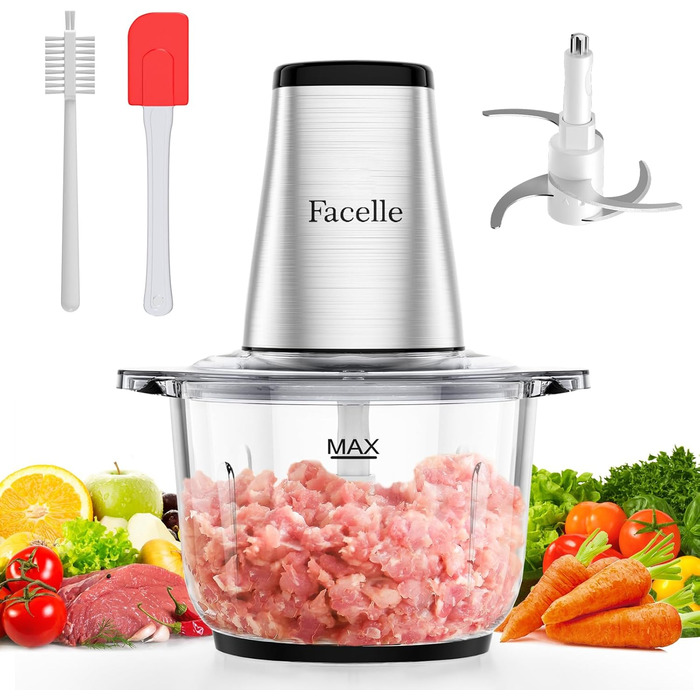 Електричний подрібнювач для кухні Facelle: м'ясорубка, подрібнювач 2L, кухонний комбайн 500W зі скляною чашею та 4 лезами для м'яса, овочів, фруктів, горіхів, дитячого харчування