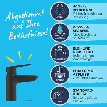 Змішувач для ванної кімнати Grohe Start, економічний, з холодною водою в середній позиції, з висувним зливом, 17 см, хром, 23551002 (Push-Open, економія води)