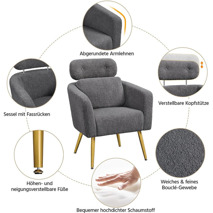 Крісло Yaheetech з тканини букле, крісло-релакс з регульованою спинкою та металевими ніжками, біле (темно-сіре)