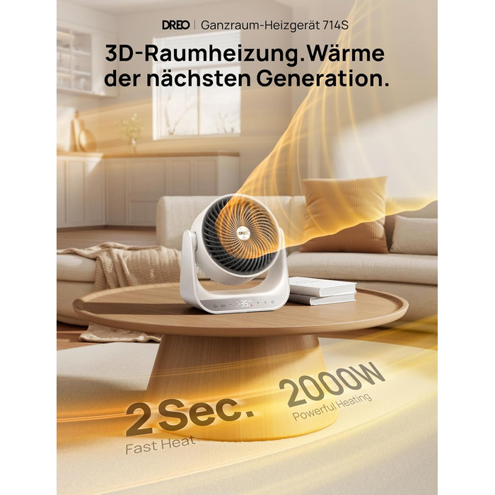 Електричний обігрівач Dreo 714S: 2000W, з пульт та термостат, 7 режимів, захист від перегріву та перекидання, білий, для дому