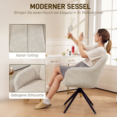 Крісло-акцент на поворотній базі, м'яке крісло з тканинною оббивкою, з підлокітниками, сталеві ніжки, ідеально підходить для вітальні, спальні, офісу, бежевого кольору.