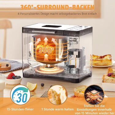 Бротбекмашина Karinear з 20 програмами, рукавичками, таймером на 15 годин, нержавіючою сталлю, 3 розмірами хліба та вибором кольору скоринки (білий, чорний)