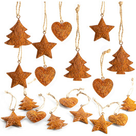 Різдвяні підвіски, 18 шт. коричневі Різдвяні підвіски серце зірка ялинка - металеві прикраси для різдвяної ялинки з патиною іржі - вінтажне різдвяне прикраса