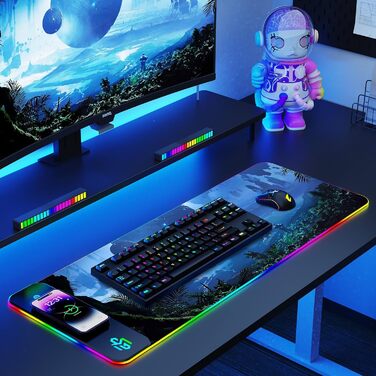RGB ігровий килимок для миші з бездротовою зарядкою Qi 15W, LED-підсвічуванням, 10 режимів, водонепроникний, протиковзкий для геймінгу, офісу та дому (зоряне небо)