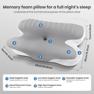 Подушка з піни з ефектом пам'яті JINXIA, ергономічна подушка для підтримки шиї зі знімним чохлом для всіх положень сну