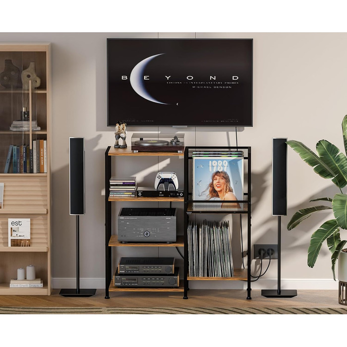 Підставка для програвача з полицями для вінілових платівок, до 200+ альбомів, медіа-тумба, консольний столик, стійка для аудіо-відео, підставка для програвача, полиця в стилі рустік, коричнева, компактна