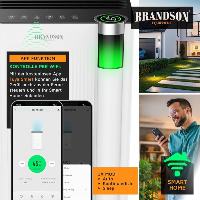 Електричний осушувач повітря Brandson з компресором, 12 літрів, Wi-Fi, з таймером, функцією відтавання, білий