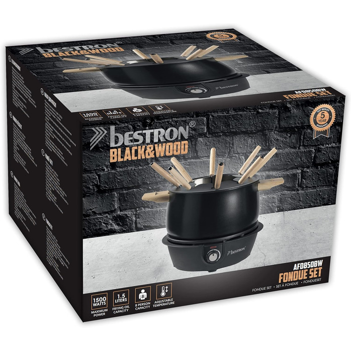 Електричний Фондю-набір Bestron для 8 осіб з 8 виделок, регульований термостат та захист від бризок (Чорний/Дерево)