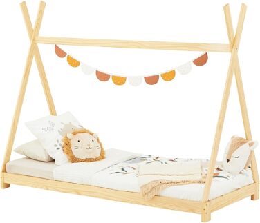 Ліжко-вігвам IDIMEX ELIN з масиву сосни 90 х 200, дитячий будиночок ліжко з дахом, сучасне індійське ігрове ліжко для дітей, натуральне лаковане