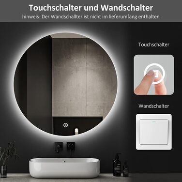 Круглий дзеркало для ванної кімнати Boromal з годинником та підсвічуванням, 60 см, 3 кольори світла, регулювання яскравості, LED, сенсорне управління, Стиль Jd