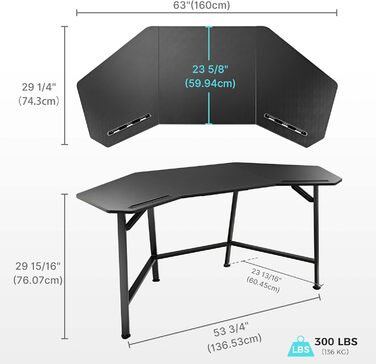 Ігровий стіл EUREKA ERGONOMIC 160x74 см - великий стіл у формі крила для ігор, ПК, дому, офісу, стрімінгу. 2 слоти для iPad. Чорний.