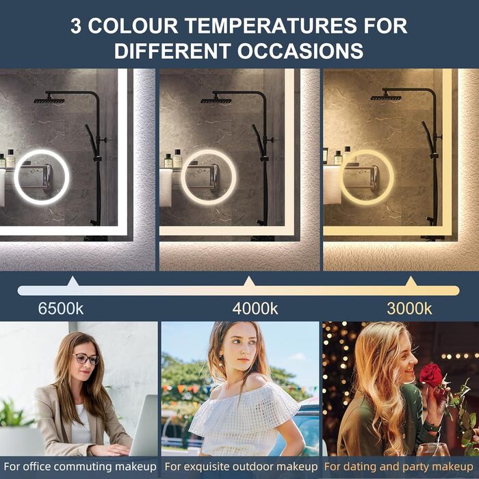 Дзеркало для ванної кімнати S'bagno Bluetooth з підсвічуванням 100x70 см, LED, протитуманне, диммер, Bluetooth, HD скло, IP44, горизонтальне/вертикальне