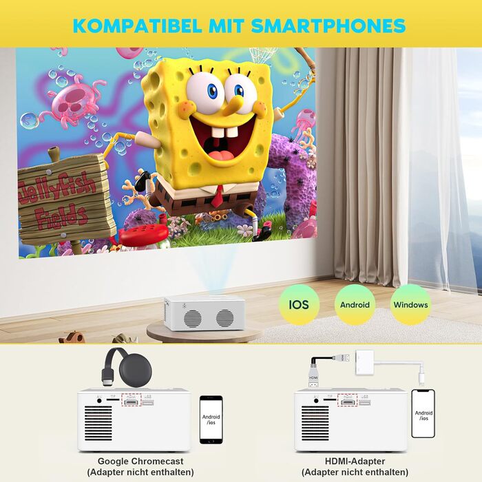 Mini проєктор Bluetooth Full HD 1080P: портативний проєктор для iOS, Android, Windows з пульт, 50% зум