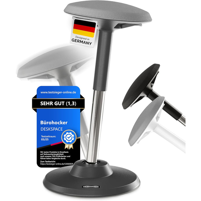 Ергономічний стілець-табурет Motion для офісу та стоячи - регульована висота, широка база та сидіння, запобігає болям спини та шиї (Сірий)