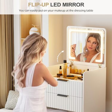 Трюмо Lvifur з LED-дзеркалом та 3 висувними ящиками, кутовий, для спальні, квартири, гуртожитку, білий