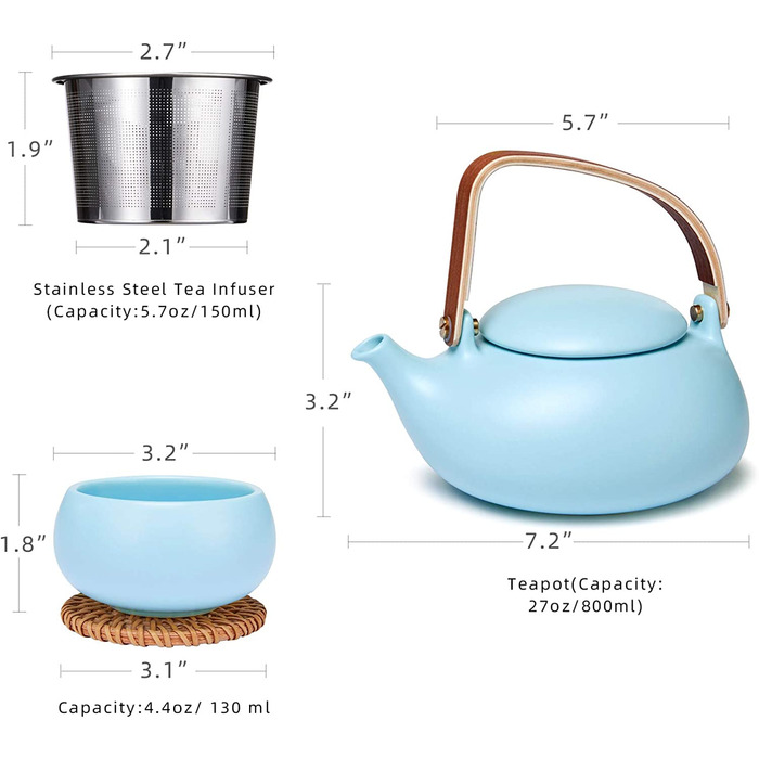 Чайний сервіз Zens фарфор з ситечком, 800 мл, матовий японський чайник з дерев'яною ручкою, керамічний білий, з 4 чашками, і підставка з ротанга для розсипного чаю в подарунок (11-яскраво-синій чайний сервіз-4 чашки)