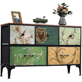 Комод WLIVE з 5 висувними ящиками з тканини, шафа для спальні, комод у вітальню, зі сталевим каркасом, богемний стиль, 29.8T x 100B x 63.7H см (5 ящиків), зелений