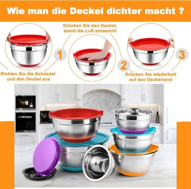 Набір мисок Onader з нержавіючої сталі: салатники з кришкою та 3 терками для кухні. Об'єм: 4л, 2.8л, 2.5л, 1л, 1.2л, 0.7л. Складається з 6 мисок, можна складати та мити в посудомийній машині.
