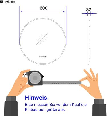 LED дзеркало для ванної кімнати EMKE, діаметр 80 см, з підсвіткою, сенсорне керування, антизапар, годинник, температура, регулювання яскравості, пам'ять, нейтральне світло, чорний колір, зелений каркас (60x60 см)