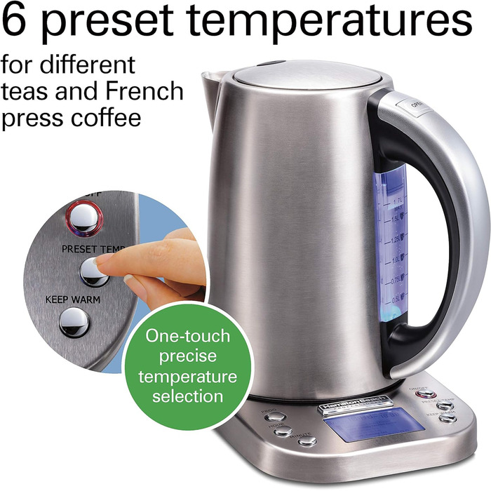З нержавіючої сталі, електричний чайник із цифровим регулюванням температури, 1,7 літра, автоматичне вимкнення, 6 налаштувань температури на вибір (41028-CE) (версія для США)