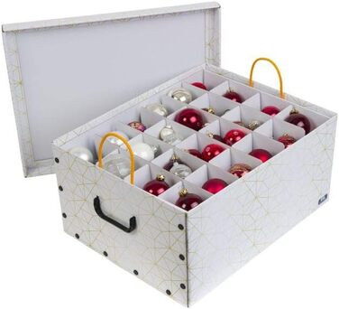 Декоративна коробка для прикрас XXL (3 шт.) білий/золотий - містка та якісна. Для зберігання до 40 ялинкових прикрас. Зручна коробка з міцного картону з пластиковими ручками.