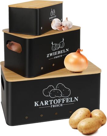 Набір контейнерів для картоплі, цибулі та часнику, 3 шт. з бамбуковим кришками, бежевий (Moz-O-PBDE02-BK)