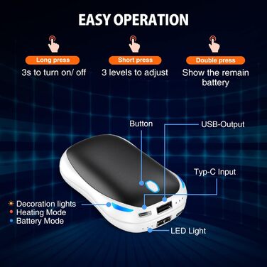 Електричний ручний гріє 5000mAh, 2 шт. - багаторазовий кишеньковий гріє для активного відпочинку, зимовий подарунок для дітей, жінок та чоловіків (чорний)