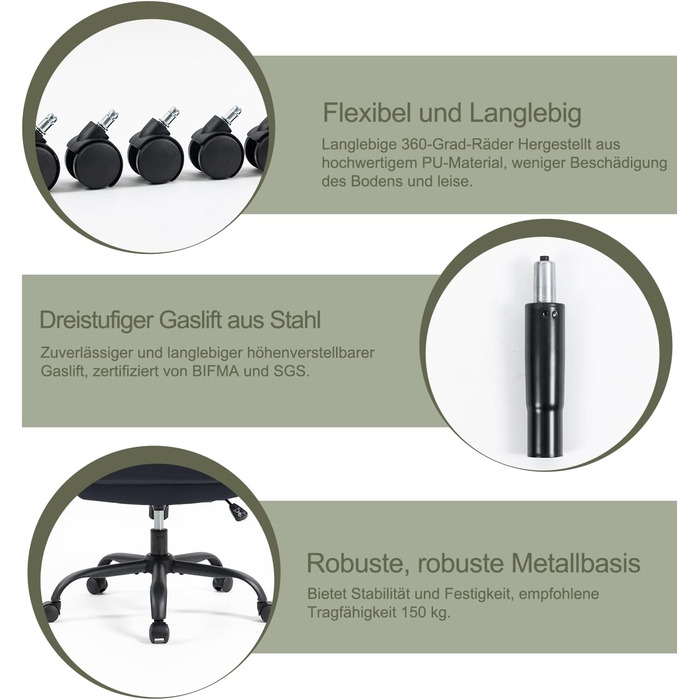 Органомічний офісний стілець CASTLOVE з підйомними підлокітниками, високою спинкою та функцією гойдання. Макс. вантажопідйомність 150 кг (Чорний, тканина)