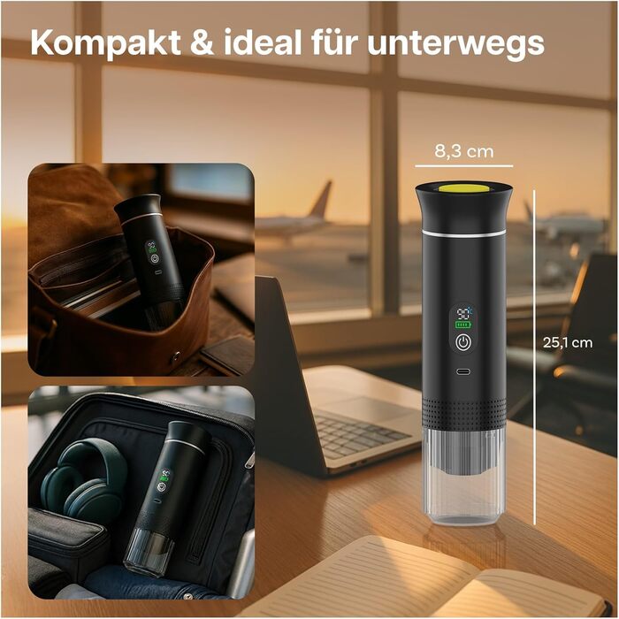 Портативна кавомашина MMOBIEL: електрична еспресо-машина з підігрівом, USB-C, для кави в зернах та капсул – ідеальна для подорожей, кемпінгу, дому, офісу, авто (чорний)