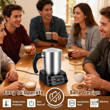 Електричний спінювач молока 5-в-1 з нержавіючої сталі, 500 мл, знімний контейнер, контроль температури, для гарячого та холодного молока, капучино, лате