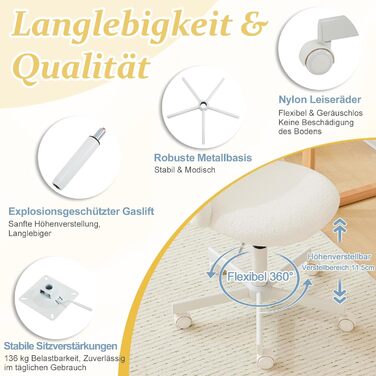 Офісне крісло Bonnlo з роликами, стілець для туалетного столика, регульований по висоті, для робочого кабінету, спальні, home office, з м'якої тканини Тедді, білий