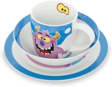 Набір дитячого посуду BIOZOYG з порцеляни (3 шт.): тарілка, чашка, миска. Безпечний, миється в посудомийній машині. Чудовий подарунок для дітей з веселим дизайном (монстр).