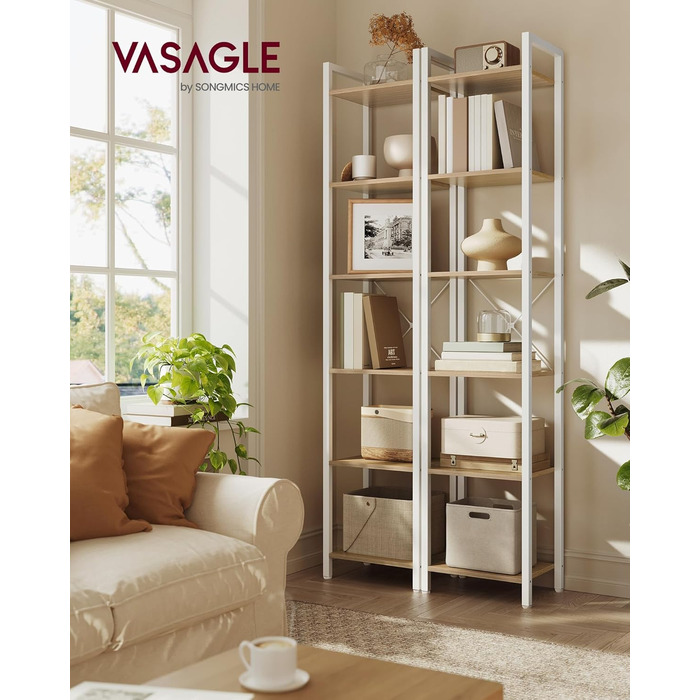 Стелаж VASAGLE з 6 полицями, 30x40x186 см, для офісу, вітальні, спальні, кухні, натурний бежевий + матовий білий