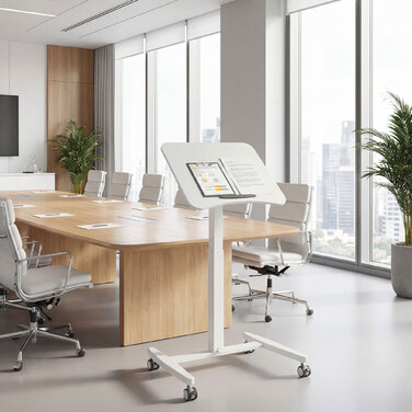 Регульований за висотою стіл для стояння, мобільний стіл з нахиленою стільницею, стопор безпеки, колеса, білий